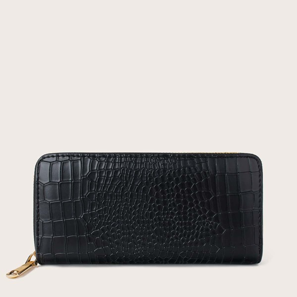 

Croc Embossed Zipper Around Purse, Black
