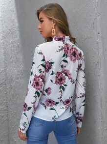 EMERY ROSE Tie Neck Floral Top Fall Cloth For Women - White - View 2