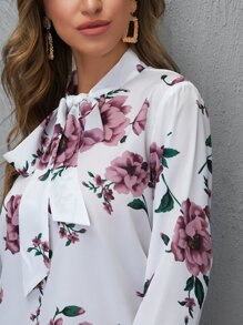 EMERY ROSE Tie Neck Floral Top Fall Cloth For Women - White - View 5