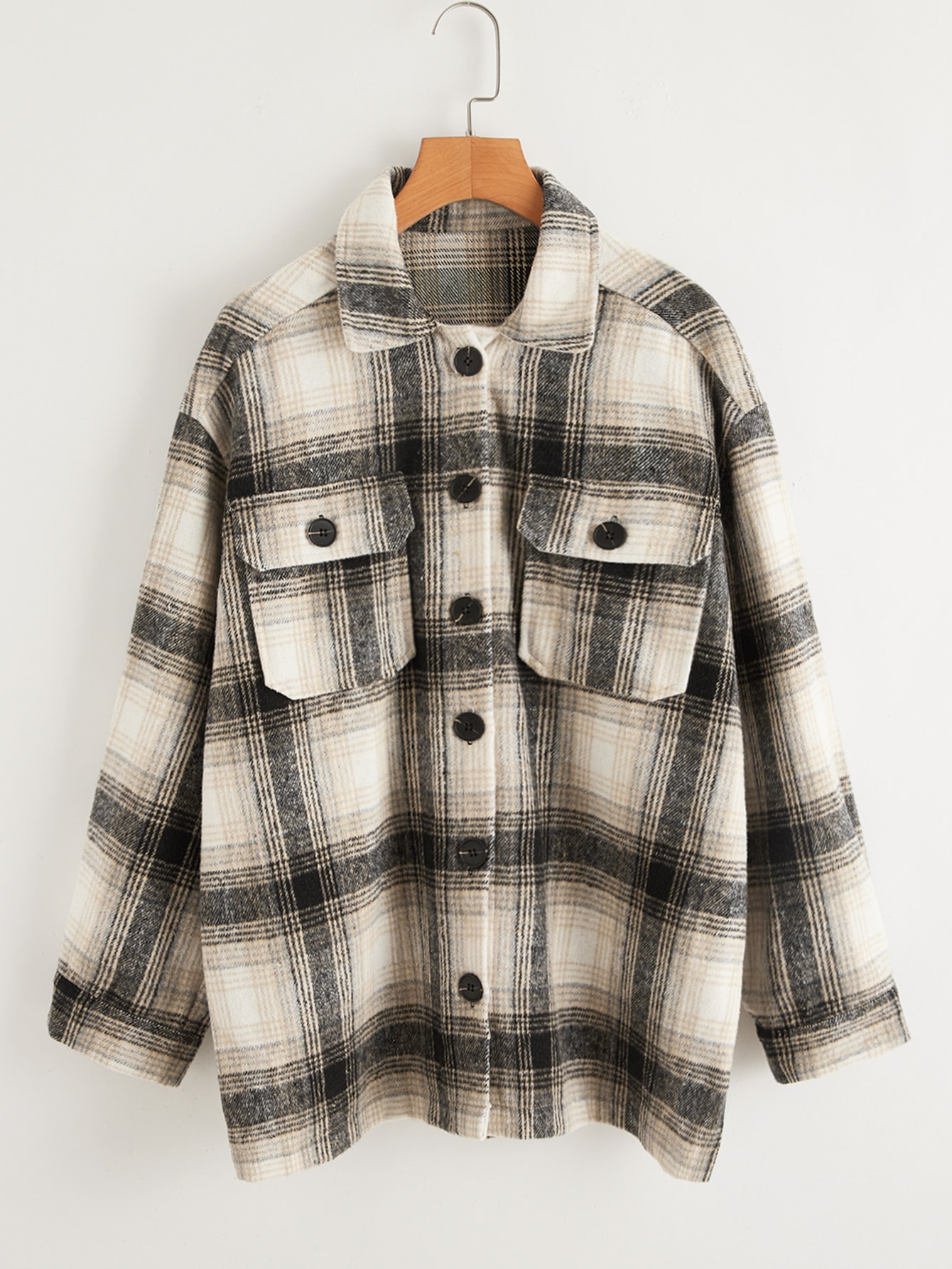 Flap Pocket Front Drop Shoulder Plaid Coat thumbnail