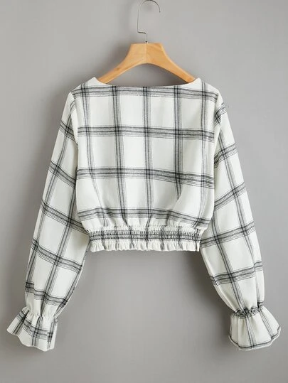 ボタンフロント ベルスリーブ シール タイトヘム 格子縞 トップス