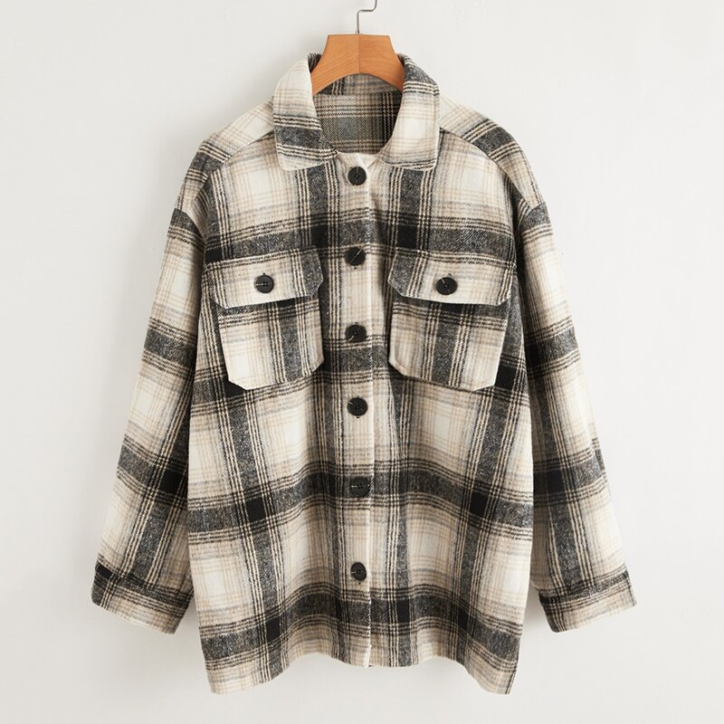 

Flap Pocket Front Drop Shoulder Plaid Coat, Multicolor