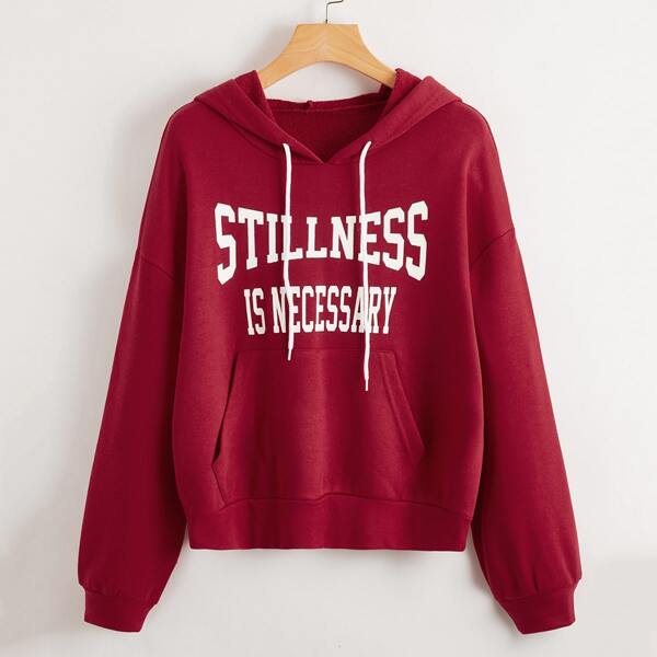 

Slogan Graphic Drop Shoulder Hoodie, Rose red