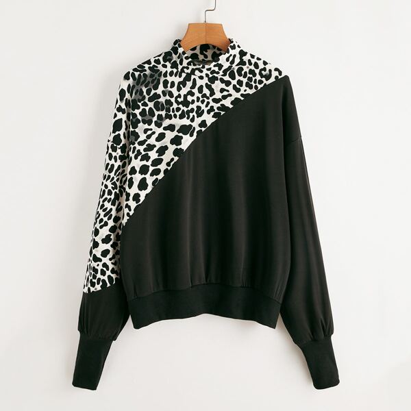 

mock-neck Leopard Panel Pullover, Multicolor