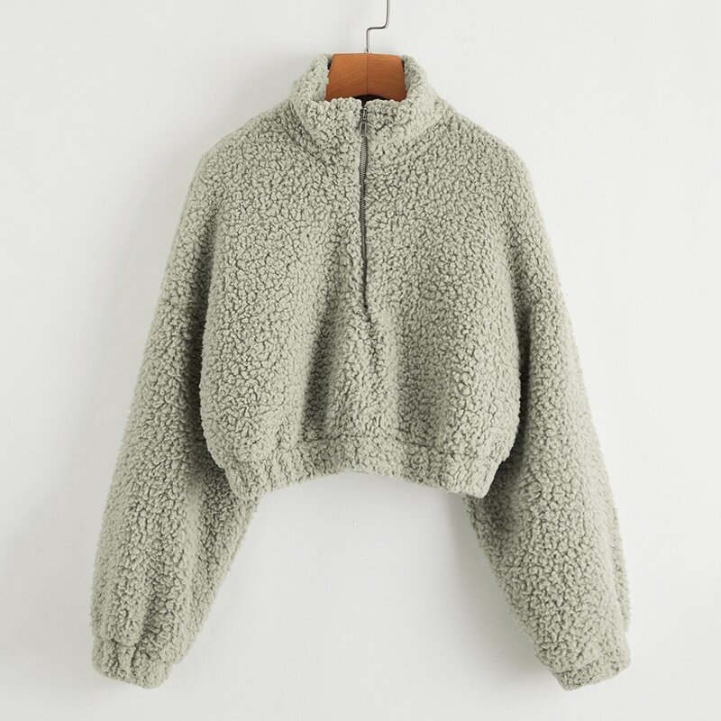 

Drop Shoulder Zip Half Placket Teddy Sweatshirt, Pastel mint green