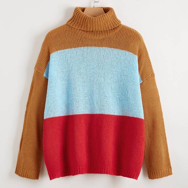 

High Neck Drop Shoulder Colorblock Sweater, Multicolor