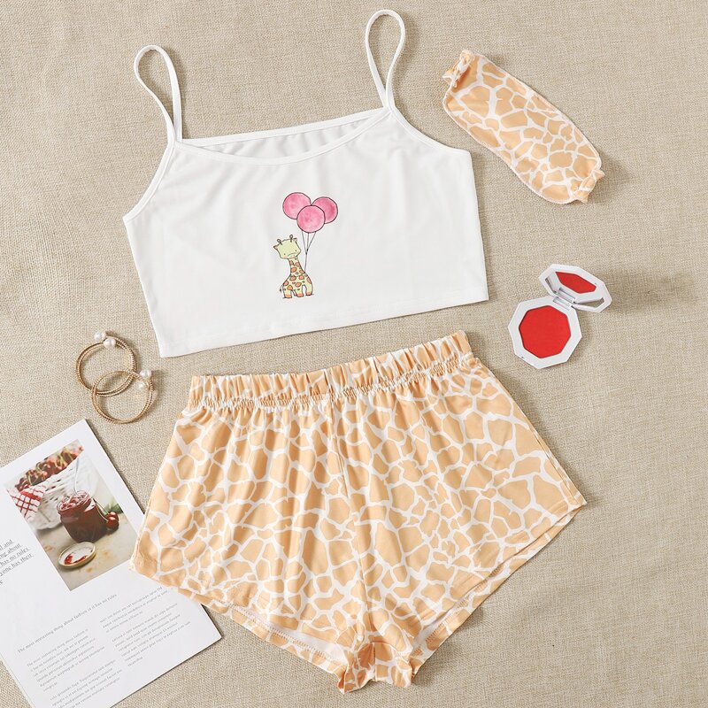 

Cartoon Graphic Cami Top With Shorts PJ Set, Multicolor
