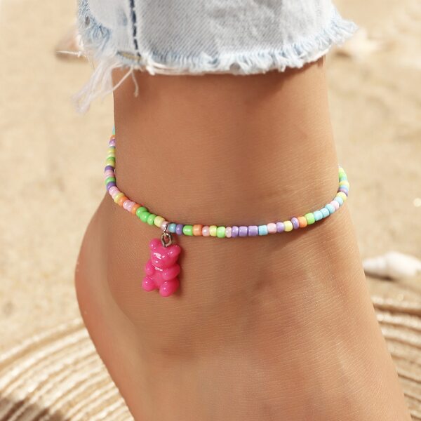 

Toddler Girls Bear Charm Beaded Anklet, Hot pink