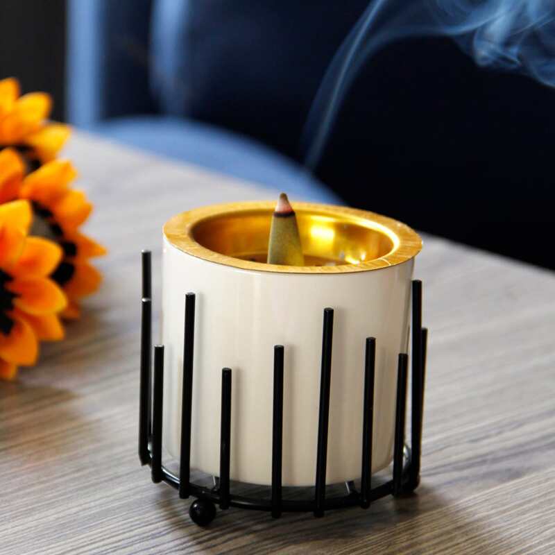 

1pc Ceramic Incense Burner With Iron Base, Black