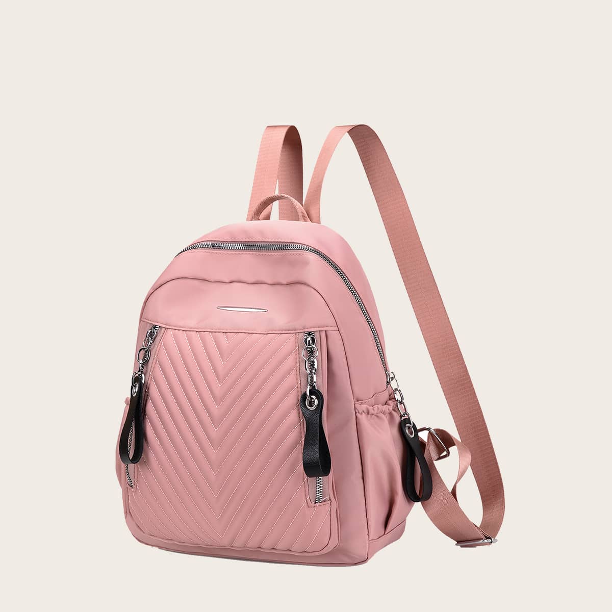 

Double Zip Front Chevron Backpack, Pink
