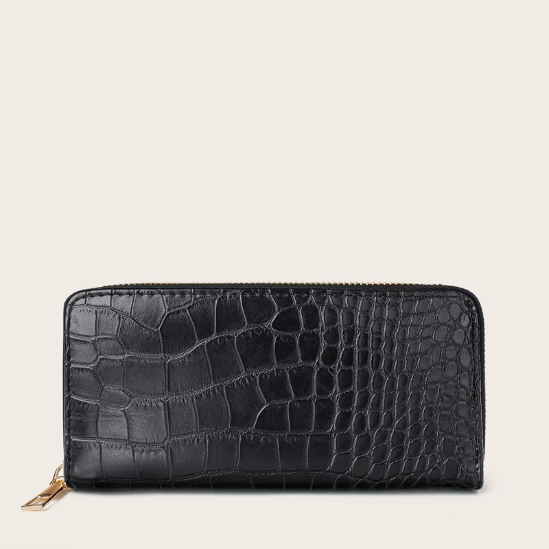 

Croc Embossed Zipper Around Purse, Black