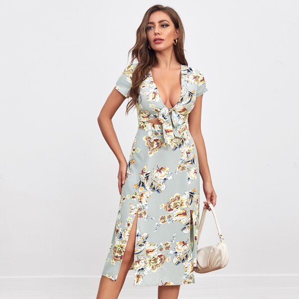 

Tie Front Split Thigh Floral Dress, Mint green