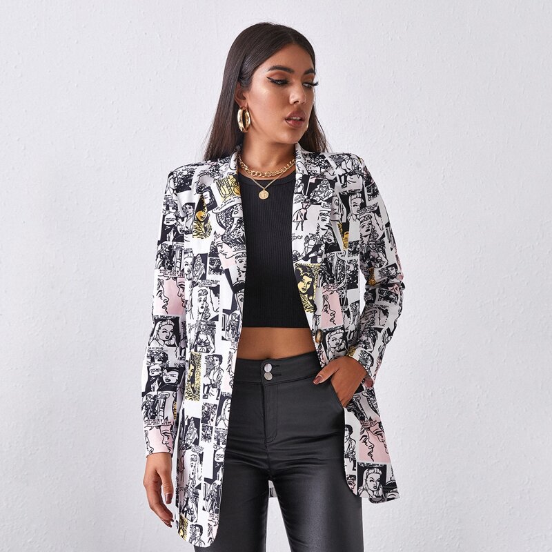 

Notched Collar Single Button Pop Art Print Blazer, Multicolor