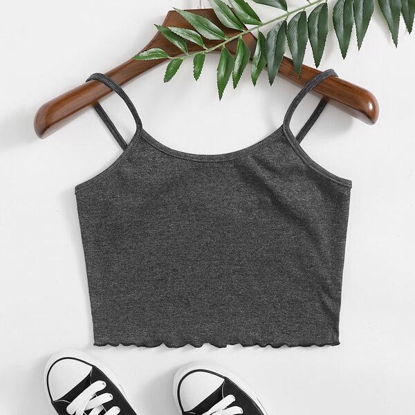 

Lettuce Hem Rib-knit Crop Cami Top, Dark grey