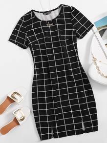 SHEIN Essnce M-slit Hem Grid Print Bodycon Dress - Black - View 1