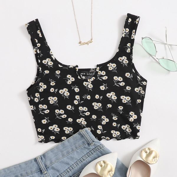 

Notch Neck Lettuce Hem Daisy Floral Tank Top, Black