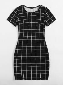SHEIN Essnce M-slit Hem Grid Print Bodycon Dress - Black - View 3