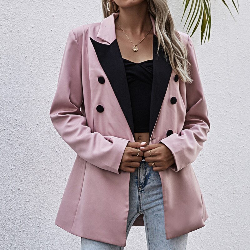 

Lapel Neck Double Breasted Blazer, Baby pink