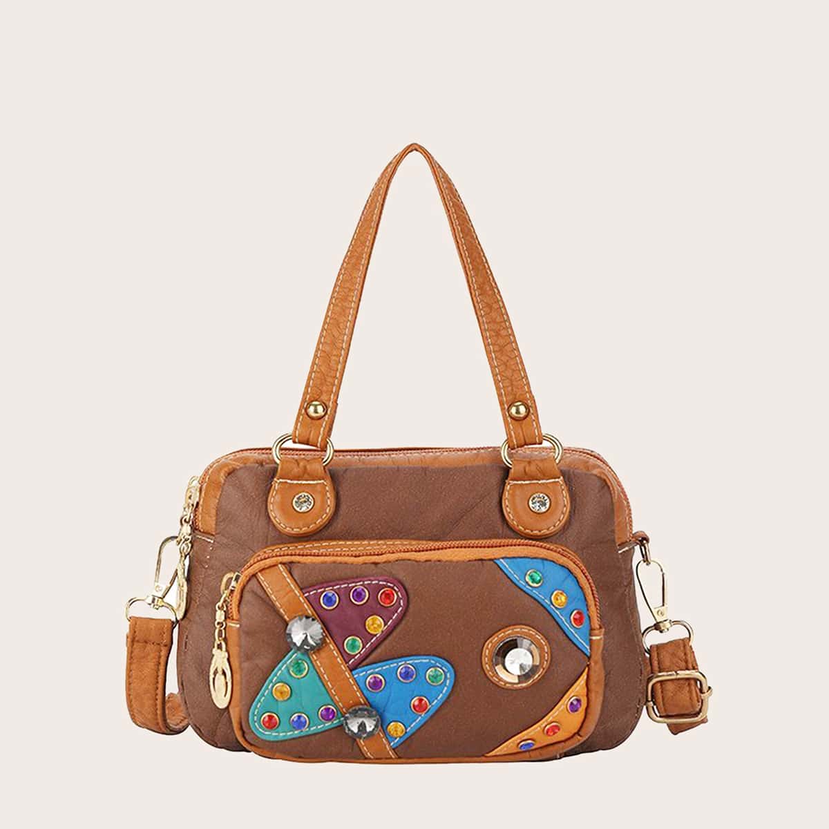 

Studded Decor Satchel Bag, Brown
