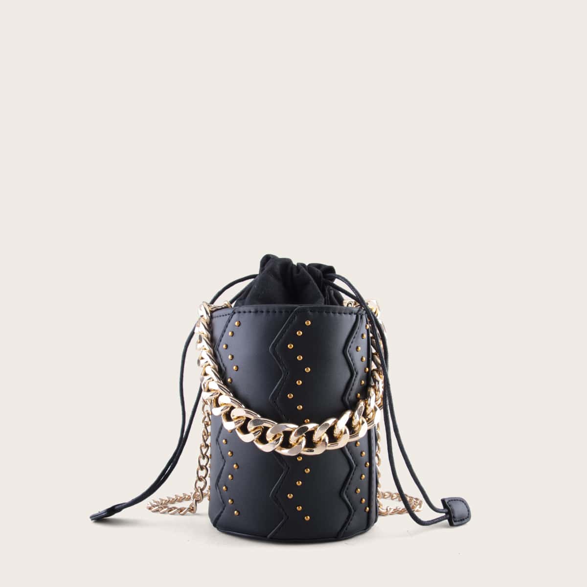 

Mini Studded & Drawstring Decor Bucket Bag, Black