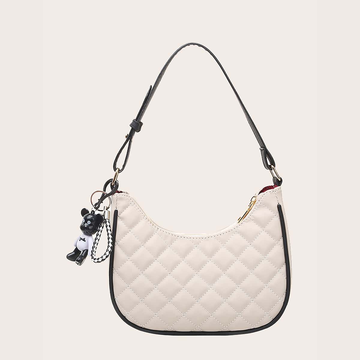 

Bear Charm Quilted Shoulder Bag, White