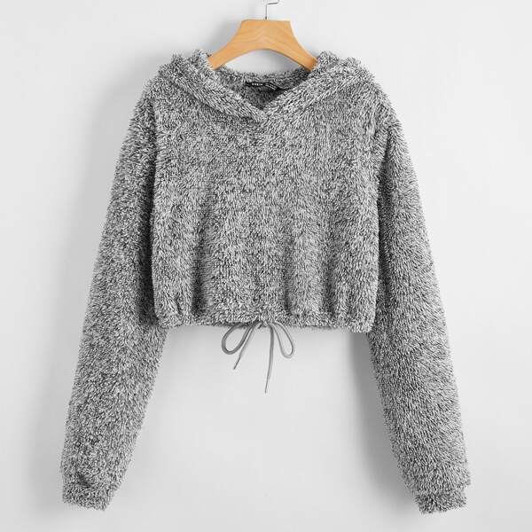 

Drawstring Hem Teddy Hoodie, Grey
