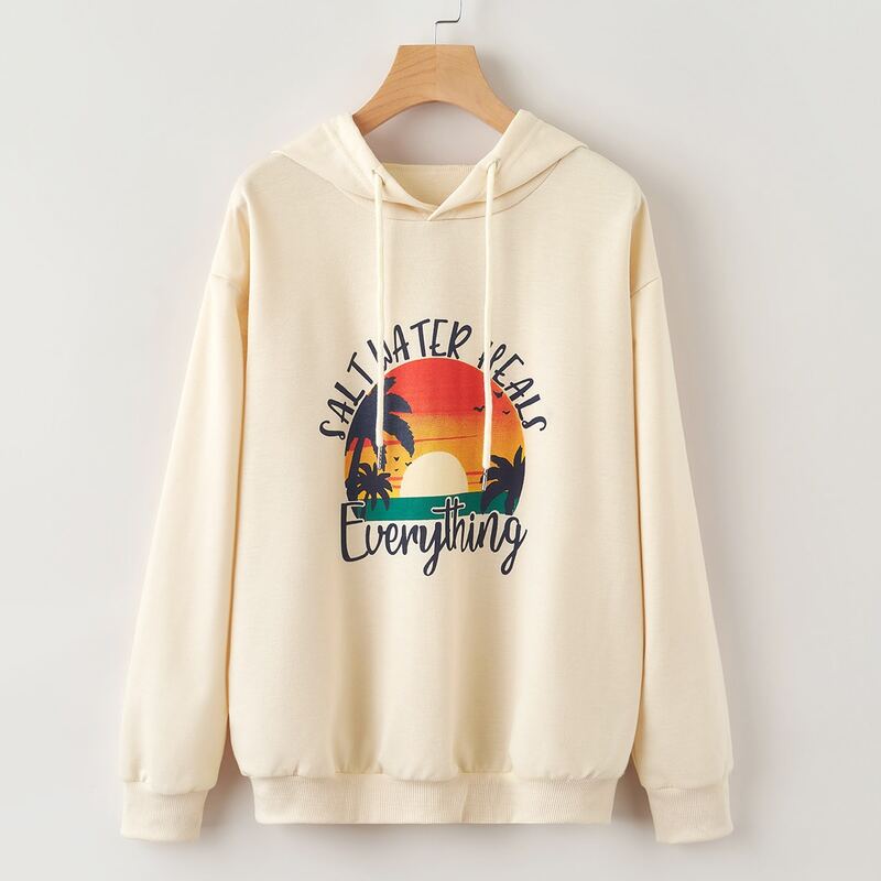 

Letter Tropical Graphic Hoodie, Beige