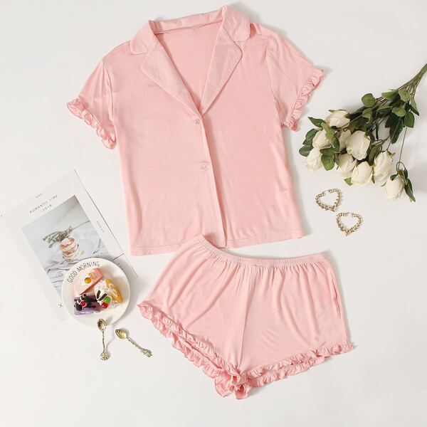 

Solid Frill Trim Button Front Pajama Set, Baby pink