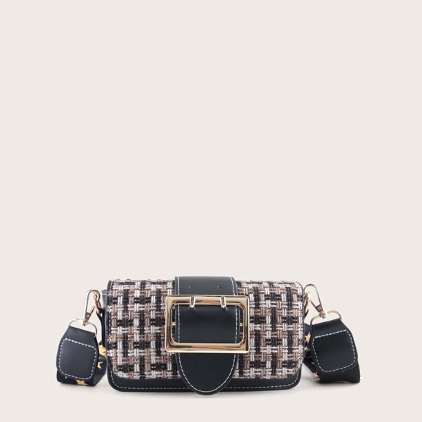

Release Buckle Decor Tweed Crossbody Bag, Black