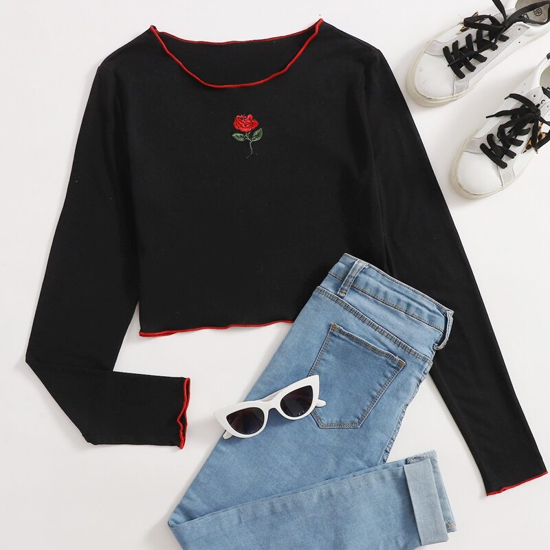 

Rose Embroidery Crop Tee, Black