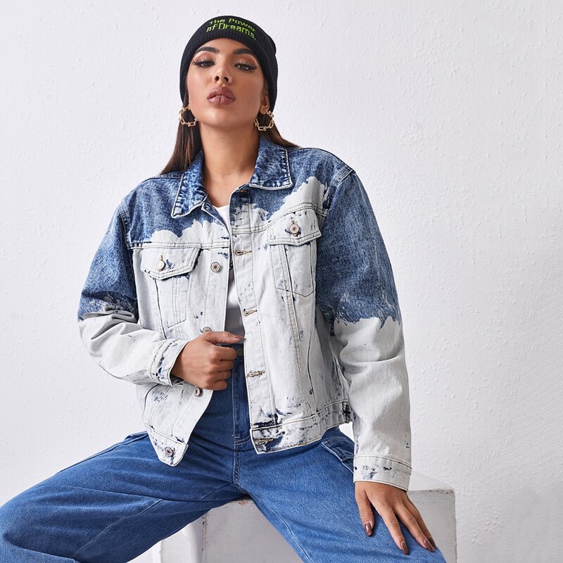 

Two Tone Flap Pocket Front Denim Jacket, White