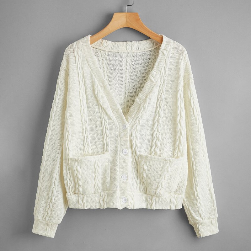 

Solid Cable Knit Button Front Cardigan, Beige