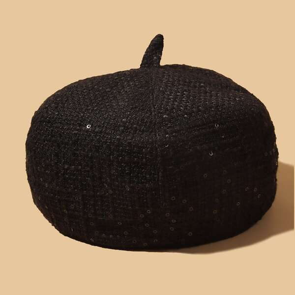 

Plain Sequin Decor Beret, Black
