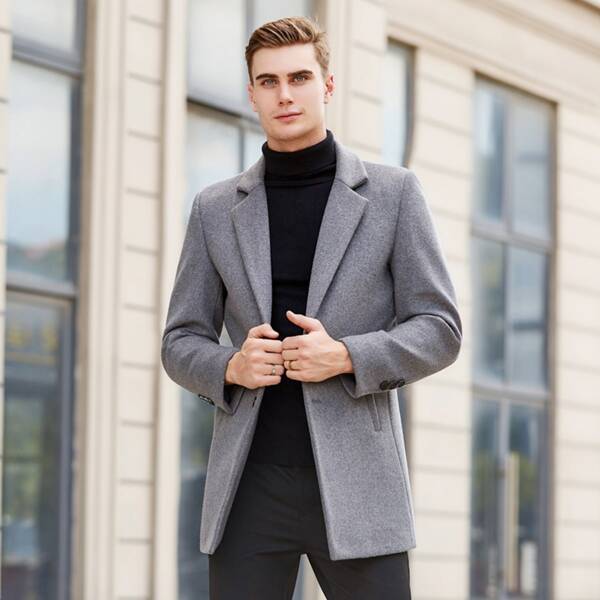 

Men Solid Lapel Neck Overcoat, Grey