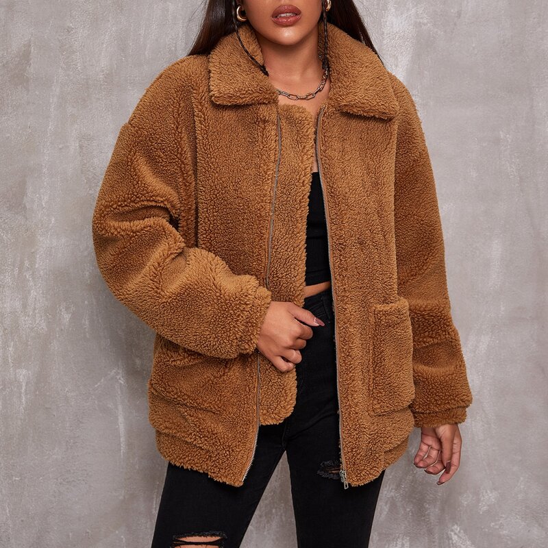 

Collared Zip Up Pocket Front Teddy Coat, Brown