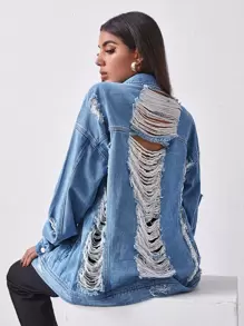 SHEIN Essnce Ripped Detail Drop Shoulder Denim Jacket - Medium Wash - View 1