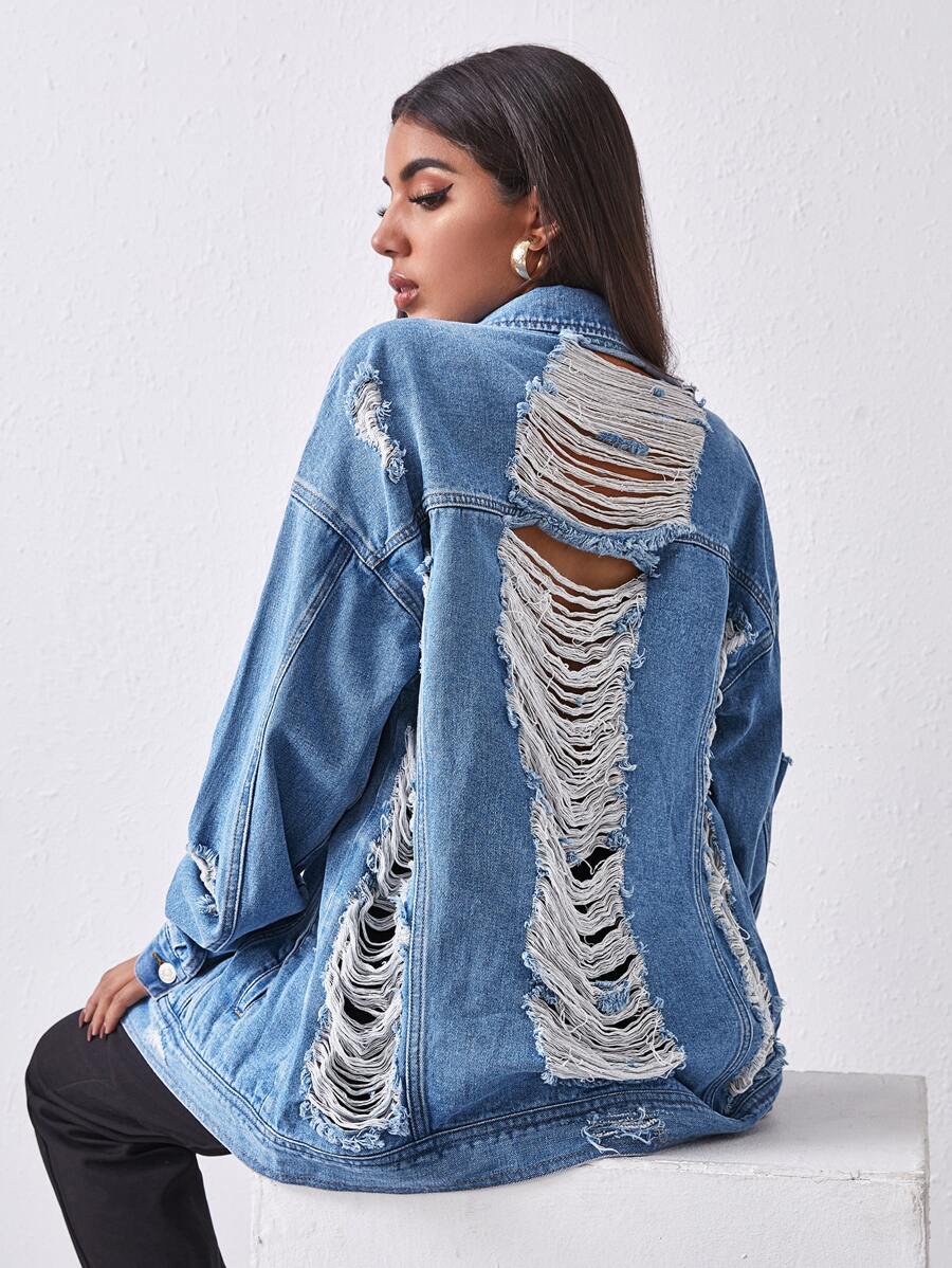 SHEIN Essnce Ripped Detail Drop Shoulder Denim Jacket - Medium Wash - View 1