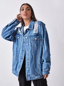 SHEIN Essnce Ripped Detail Drop Shoulder Denim Jacket - Medium Wash - View 2