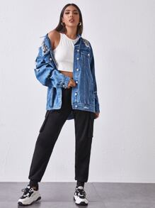 SHEIN Essnce Ripped Detail Drop Shoulder Denim Jacket - Medium Wash - View 3