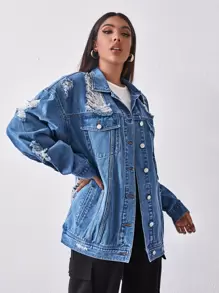 SHEIN Essnce Ripped Detail Drop Shoulder Denim Jacket - Medium Wash - View 4