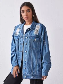 SHEIN Essnce Ripped Detail Drop Shoulder Denim Jacket - Medium Wash - View 5