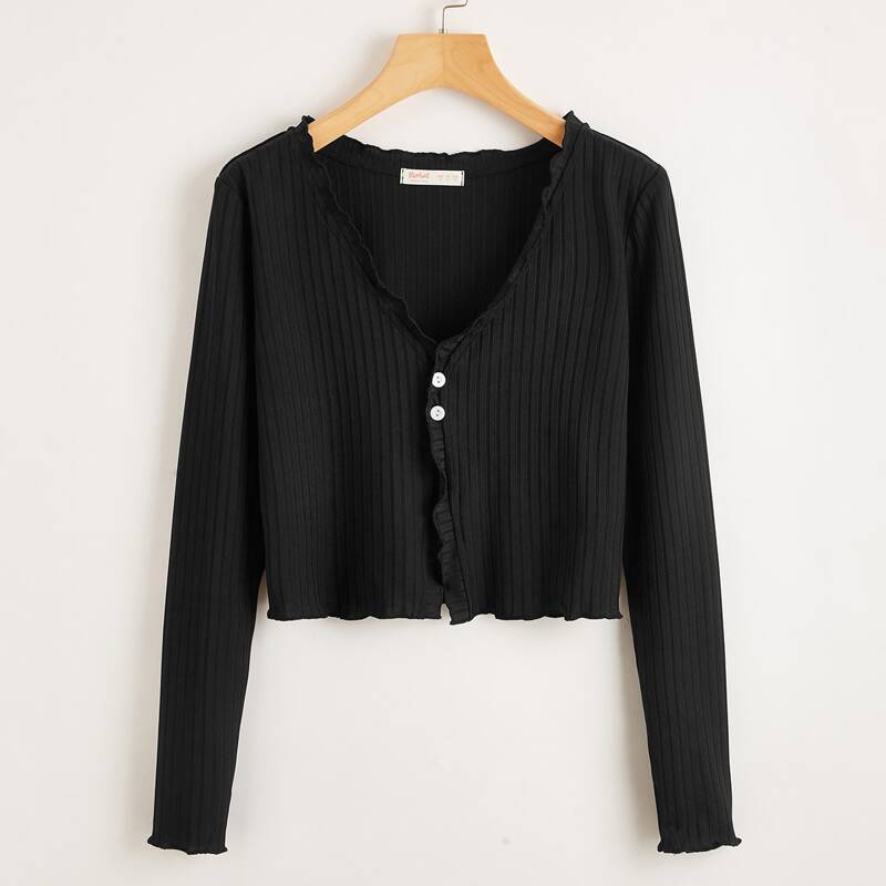 

Lettuce Trim Rib Button Tee, Black