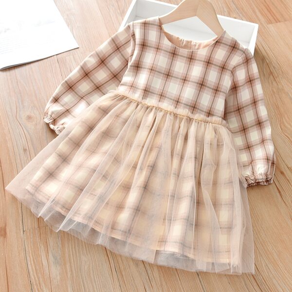 

Toddler Girls Tartan Print Mesh Overlay Dress, Multicolor