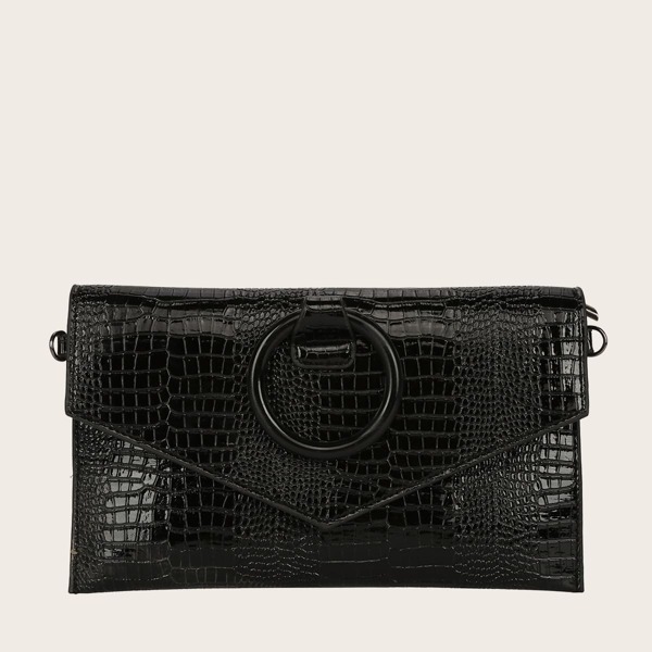 

Ring Handle Croc Embossed Satchel Bag, Black