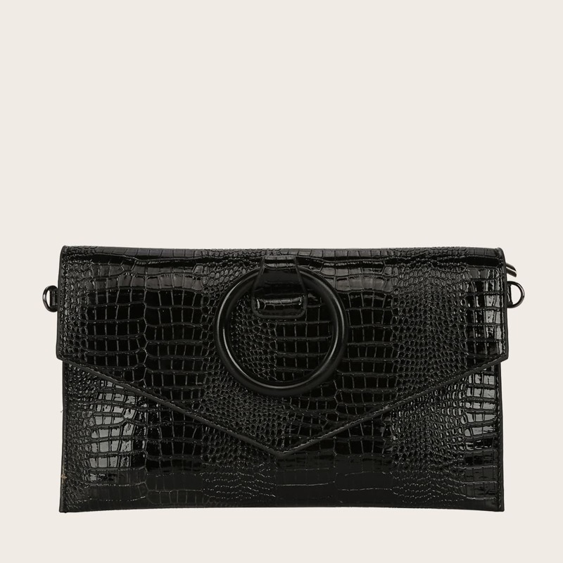 

Ring Handle Croc Embossed Satchel Bag, Black