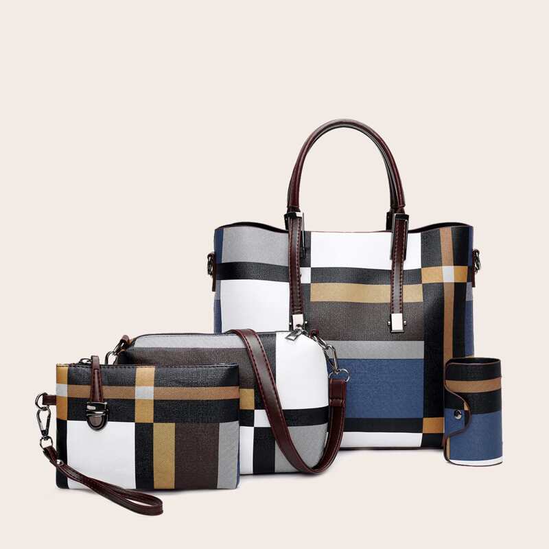 

4pcs Color Block Tote Bag With Purse, Multicolor