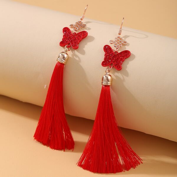 

Butterfly Tassel Drop Earrings, Red
