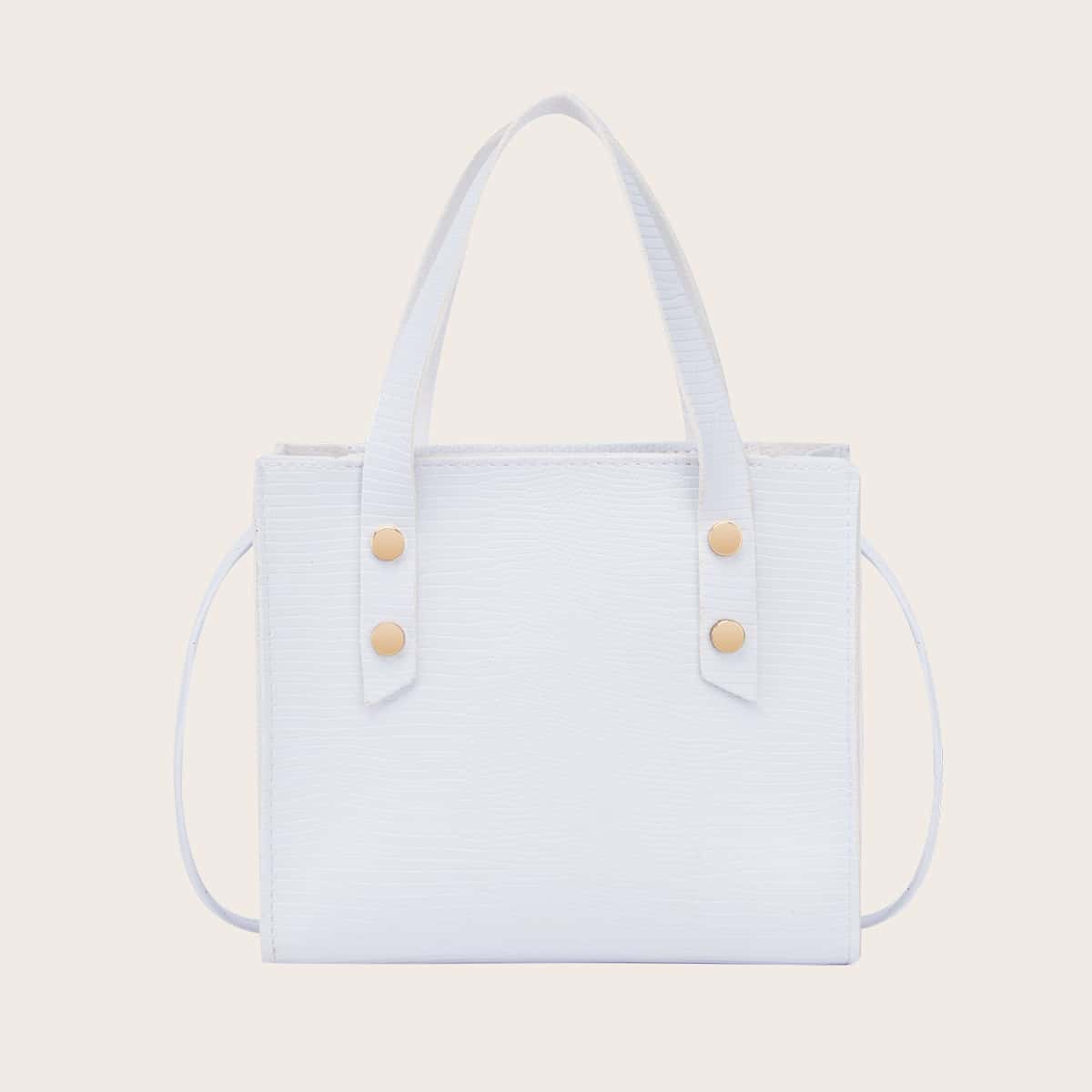 

Studded Decor Lizard Embossed Satchel Bag, White