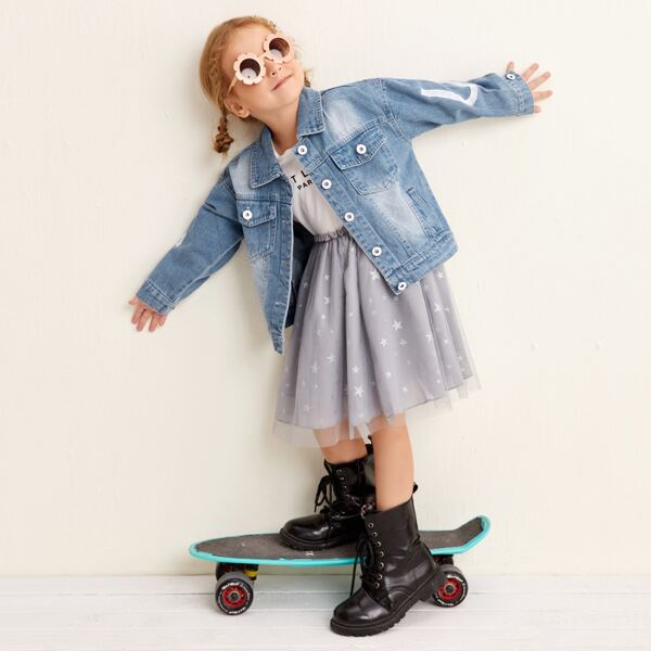 

Toddler Girls Letter Print Button Ticket Pocket Denim Jacket, Medium wash