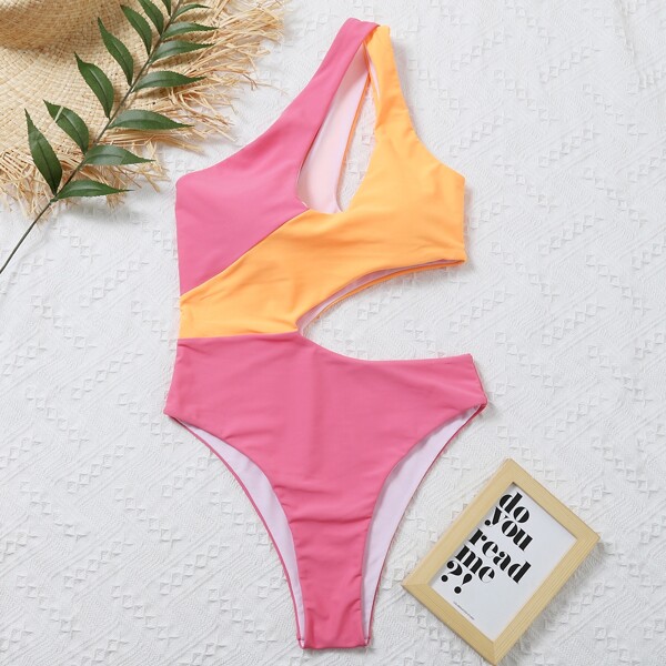 

Two Tone Cut-out One Shoulder One Piece Swimsuit, Multicolor